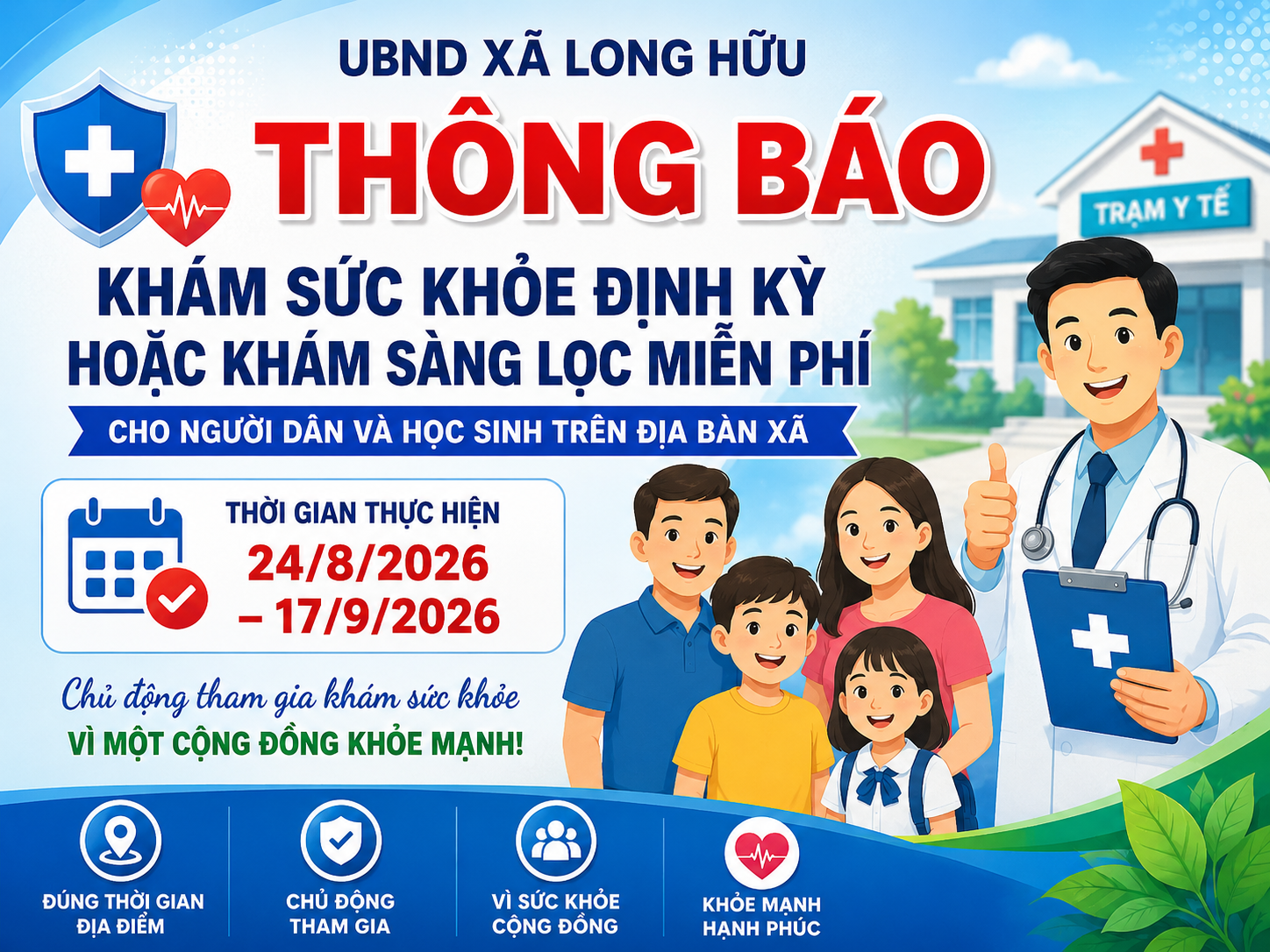 Lịch khám sức khỏe định kỳ, khám sàng lọc miễn phí cho người dân trên địa bàn xã Long Hữu năm 2026